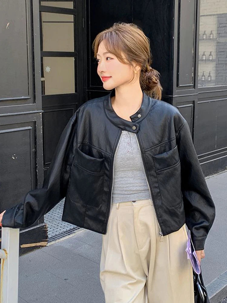Lunivop Sweet Biker Pu Jacket Women Vintage Preppy Style Big Pockets Short Coat Casual Korean Long Sleeve Retro O Neck Cute Tops