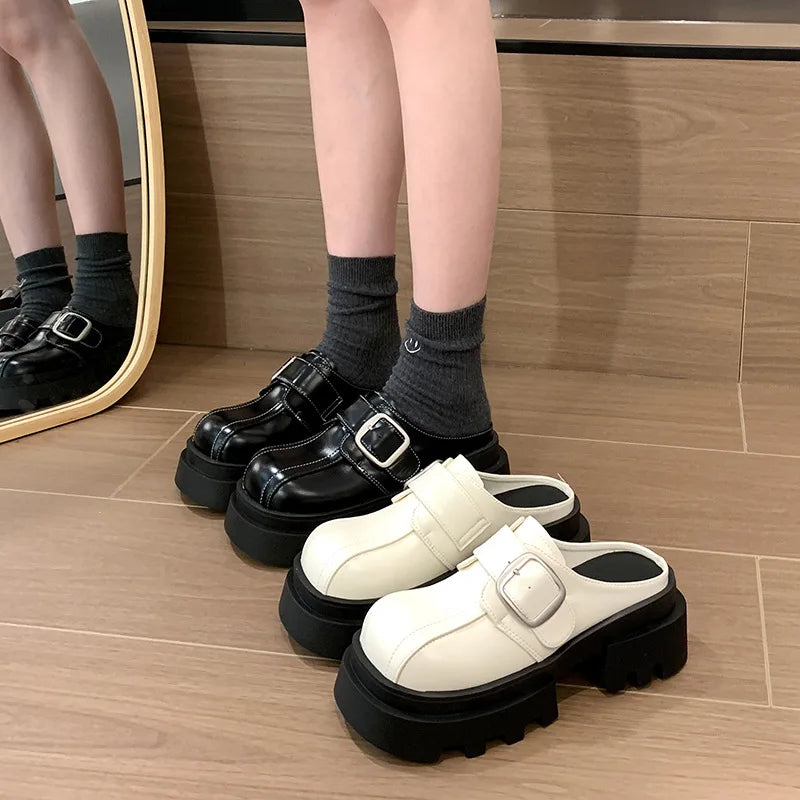 Lunivop Autumn Platform Women Toe-cap Half Slippers Solid Non-slip Shoes for Women Slippers Fashion Buckle Slip-on Women Slippers