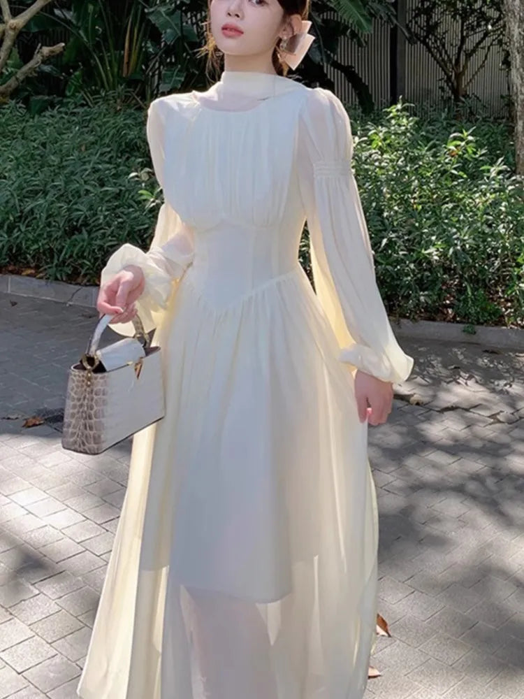 Lunivop  Women French White Chiffon Dresses Summer Elegant Sleeve Slim Puff Sleeve bodycon Gentle Fairy Short Dress