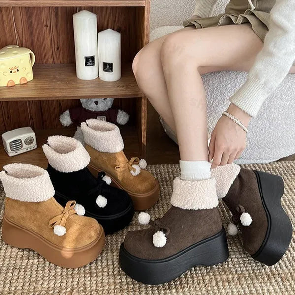 Lunivop Fashion Bow Fur Women Suede Snow Boots New 2025 Winter Plush Warm Flats Platform Short Boots Casual Cotton Shoes Ankle Botas