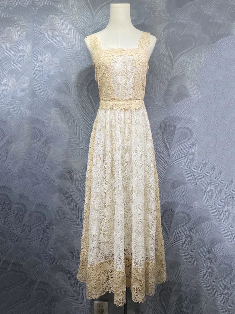 Lunivop  2025 Spring New Strapless Suspender Lace Color Blocked Water-soluble Waist Cinched Mid Length Dress French Women
