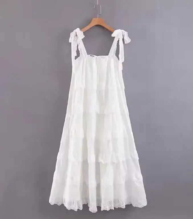 Lunivop  Holiday White Bow O neck Elastic Body Puff Sleeve Long Dress Women Slim Ruched Waist A-lined Swing Dresses Summer Robe Vestidos