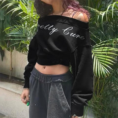Lunivop  BKLD Inclined Collar Letter Printed Fashion Crop Tops Autumn New Street Style Long Sleeve Loose Asymmetric Sexy Casual Pullovers