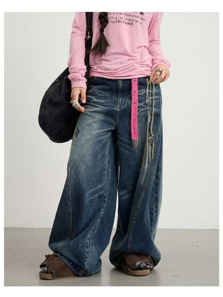 Lunivop Y2k Vintage Scimitar Washed Jeans Women and Men Harajuku Wide Leg American Retro Denim Pants Baggy Streetwear Spring