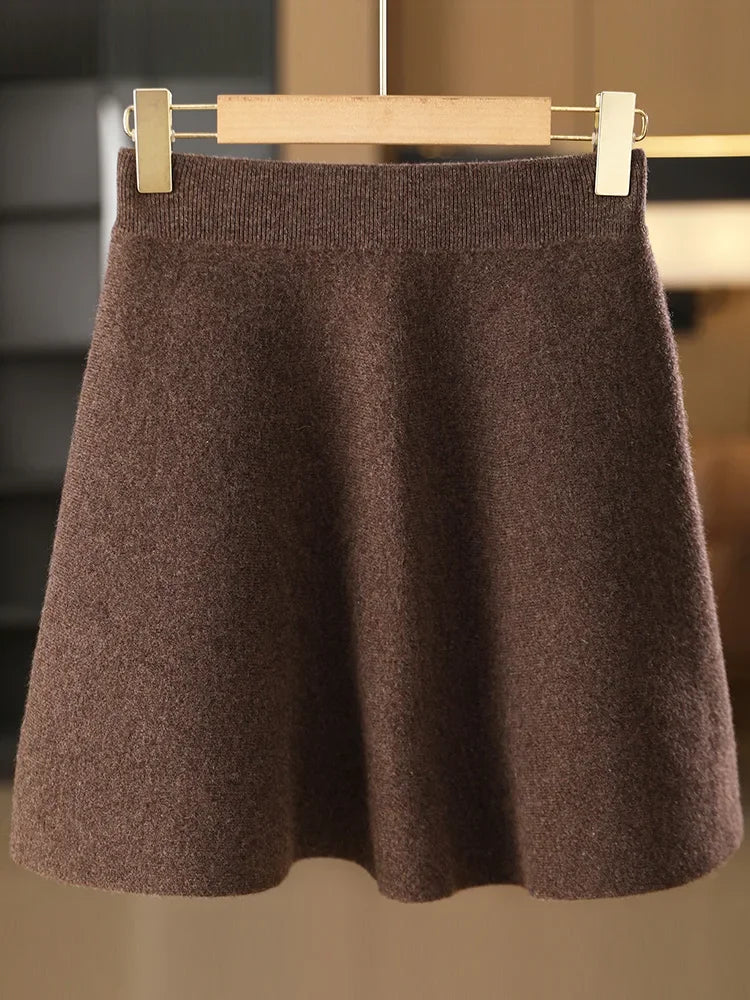 Lunivop  Women Wool Skirt Autumn Winter Elastic Waist Mini A-Line Cashmere Skirt Wool Knitted Above Knee Preppy Style Dress