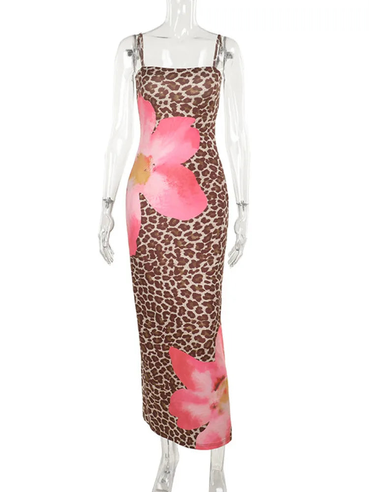 Lunivop Floral Leopard Print Sexy Maxi Dress Women Gown Fashion Spaghetti Strap Sleeveless Backless High Waist Printed Dress