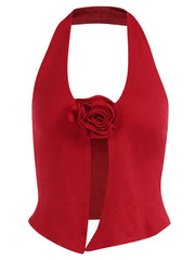 Lunivop  Sexy Red Halter Tank Top Vest for Women Knitted 3D Floral V neck Button Crop Top Y2K Slim Fitted Sleeveless Shirt Tee Streetwear
