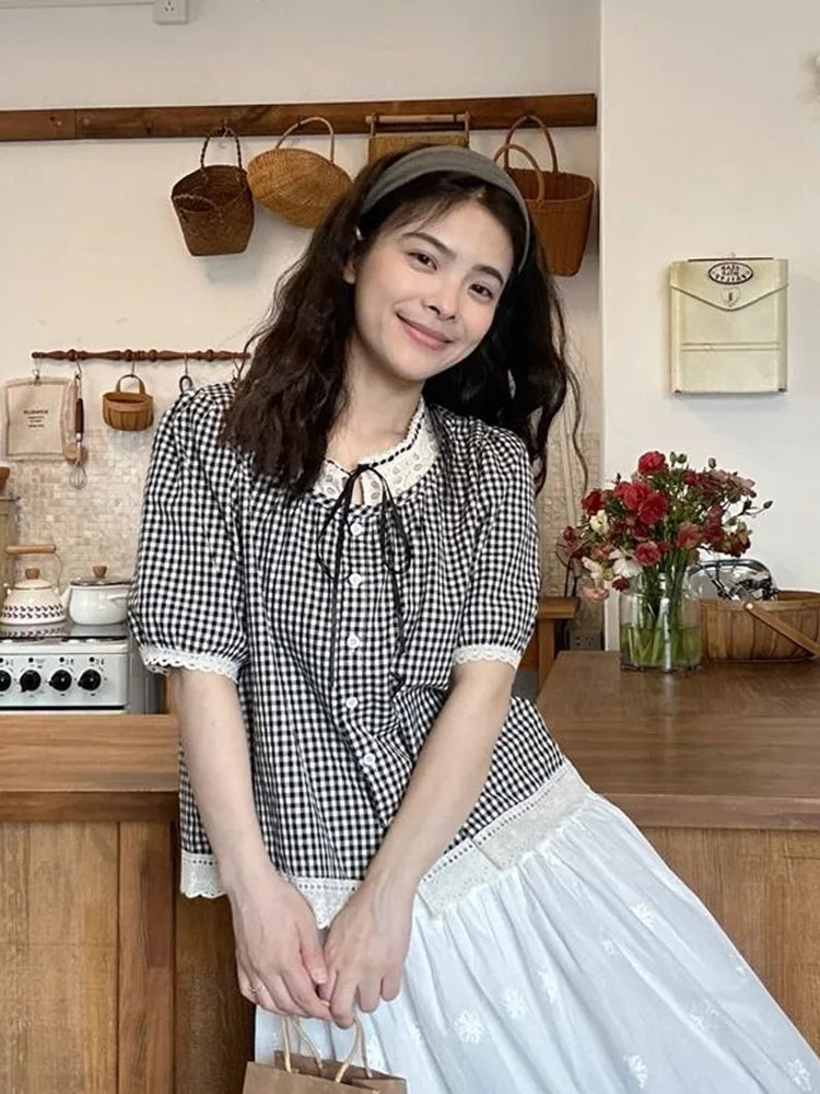 Lunivop  Sweet Vintage Women Plaid Blouse Casual Preppy Style Lace Patchwork Loose Shirt Cute Retro Female Short Sleeve Lace Up Tops