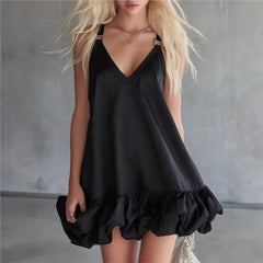 Lunivop  Women's Dress V-neck Ruffle Suspender Style Spring And Summer New Loose Elegant Casual Solid Color Mini Short Dress