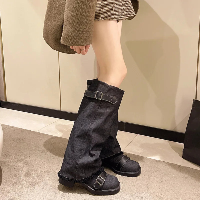 Lunivop Fashion Vintage Autumn Winter Soft Trouser Leg Boots Women Shoes Designer Buckle Chunky High Heels Slip on Knee High Boots