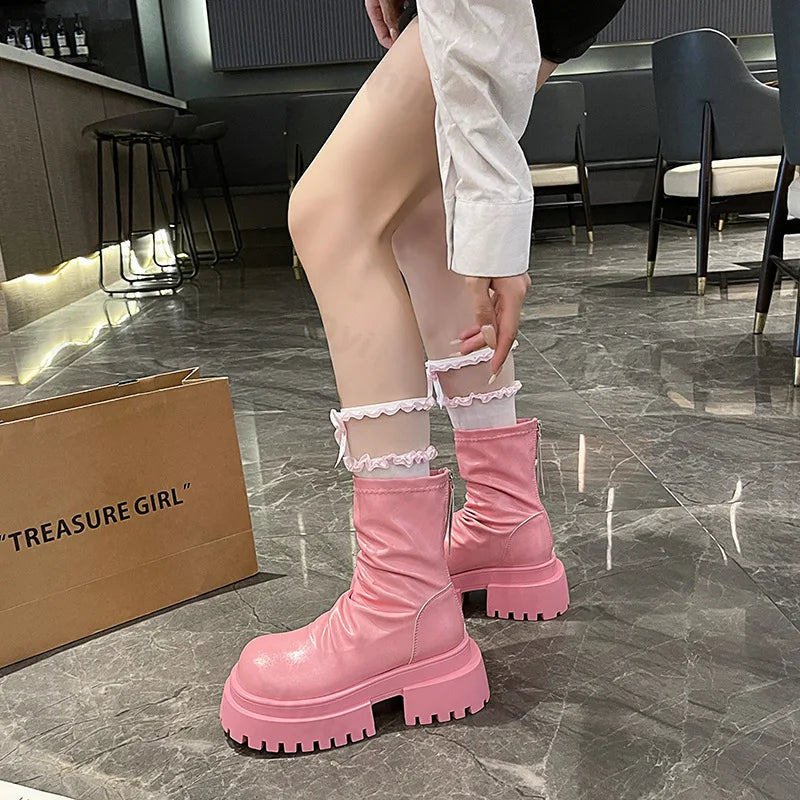 Lunivop Platform Thick Heel Women Knight Short Boots Fashion Pleated Back Zipper Elastic Slim Ankle Booties Autumn Winter Female Shoes