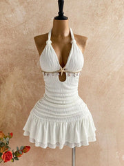 Lunivop  White Halter Twist Bodycon Mini Dress With Shell And Starfish Decor Beach Resort Summer Outfit