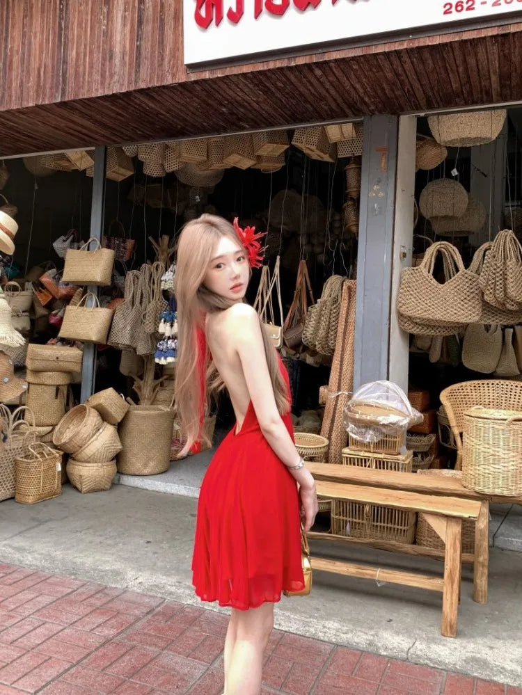 Lunivop  Woman Dresses Sleeveless V Neck Bandage Halter Backless Vintage Sexy Mini Dress Sweet Elegant Female Party Fashion