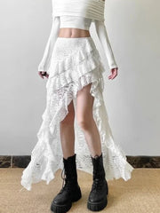 Lunivop  Deeptown Elegant Tulle Ruffle Skirt Women Boho Lace Vintage White Irregular Skirt Korean Style Summer Layered Mid Skirts Street