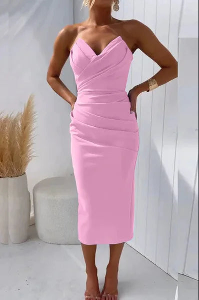 Lunivop  European and American Women's Sexy and Elegant Strapless Sleeveless Slit Solid Color Dress