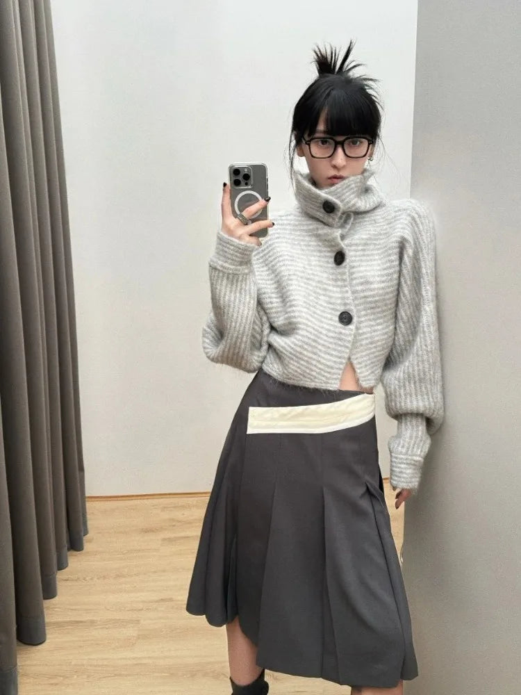 Lunivop Gray Turtleneck Knitted Cardigan Harajuku Korean Style Cropped Sweaters Gyaru Y2k Vintage Striped Loose Knitwears Basic