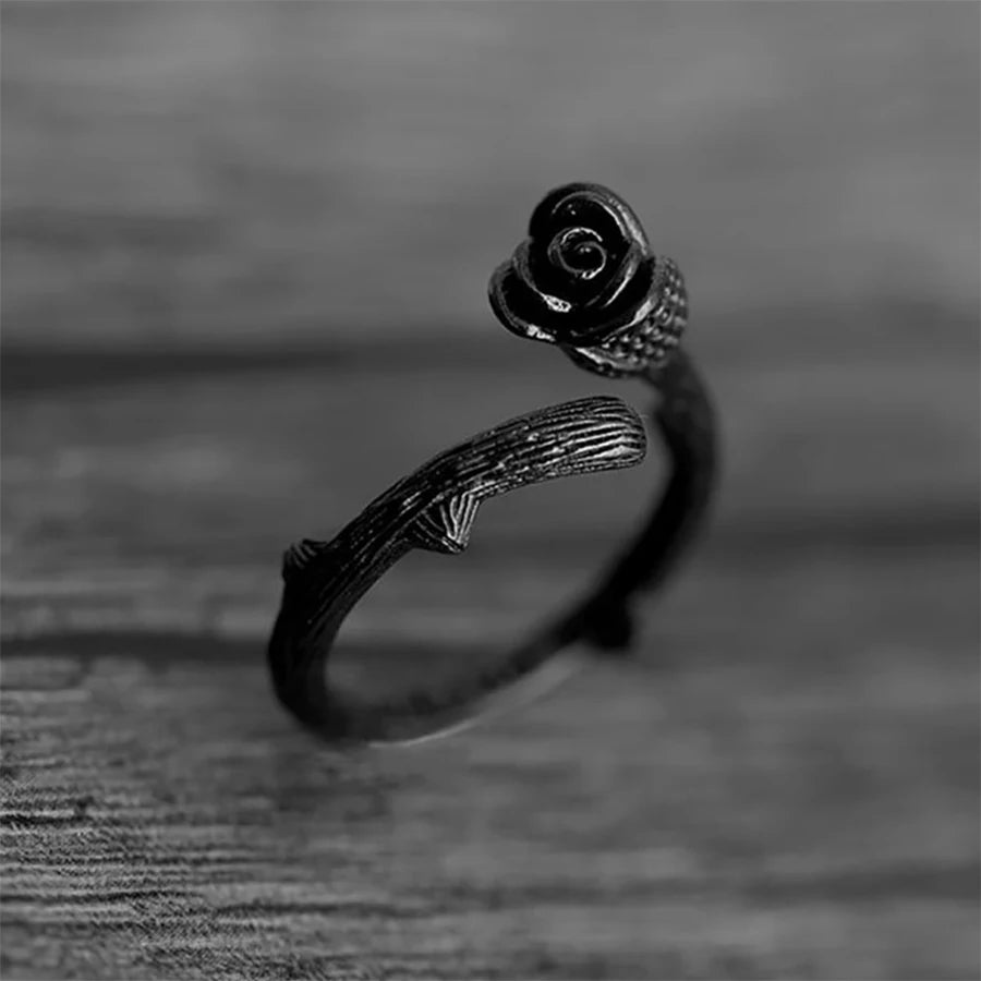 Lunivop New Fashion Vintage Black Rose Opening Ring for Women Exquisite Alloy Adjustable Ring Elegant Niche Design Party Jewelry Gifts