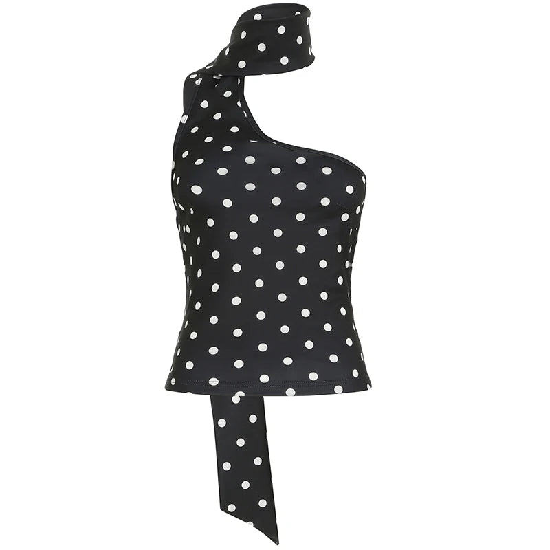 Lunivop  Asymmetrical Polka Dot Tank Top with Scarf Chic Sleeveless Skinny Black Cropped Tops Women Casual Streetwear Tee y2k Vest