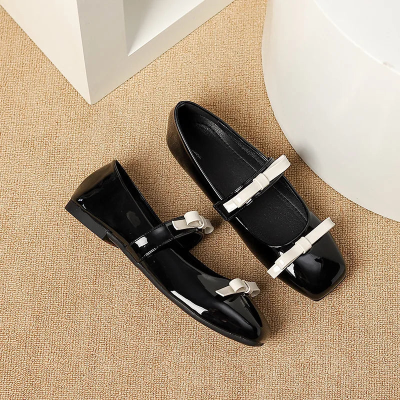 Lunivop Fashion Square Toe Glossy Leather Flats Women Double Bowknot Mary Jane Shoes Female Ballets Party Shoes Plus Size 44