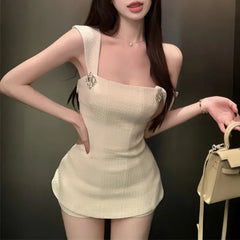 Lunivop Summer New Streetwear Hollow Backless Bow Splicing Sexy Tweed Camisole Women + Solid Color Casual Shorts Two-piece Suit