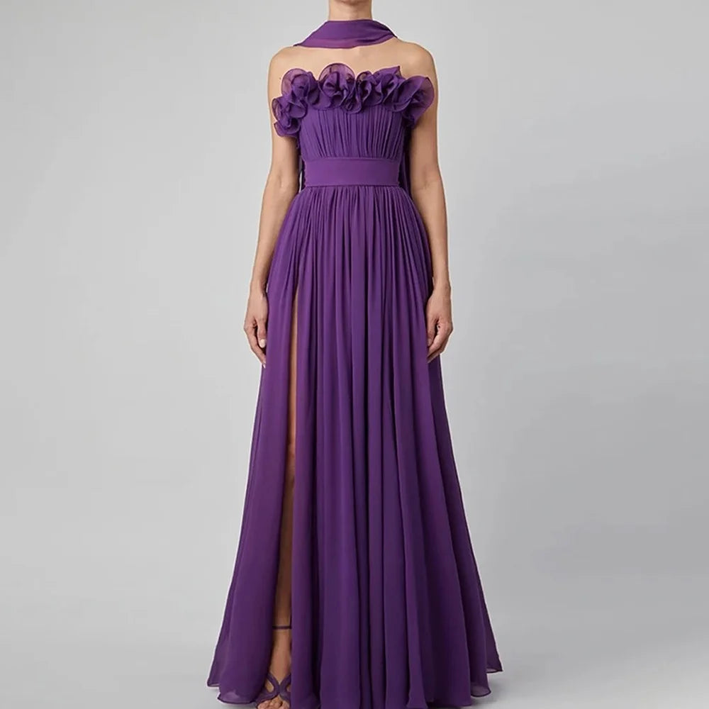 Lunivop  Elegant Evening Dress Purple Strapless Pleat Chiffon A Line Evening Gowns Thigh Slit Floor Length Formal Dresses