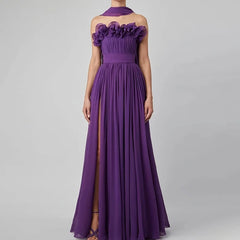 Lunivop  Elegant Evening Dress Purple Strapless Pleat Chiffon A Line Evening Gowns Thigh Slit Floor Length Formal Dresses