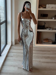 Lunivop  Sexy Sling Backless Silvery Maxi Dress For Women Fashion High Waist Bodycon Sleeveless Robes Female Evening Party Vestidos