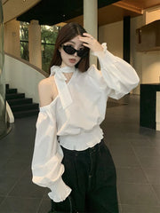 Lunivop   Sexy Off Shoulder White Shirt Women Elegant Halter Flare Sleeve Blouse Spring Korean Fashion Hollow Out Lace Up Sweet Tops