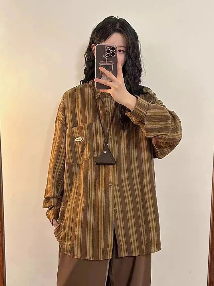 Lunivop Vintage Y2K Striped Shirt Women Harajuku Oversize Loose Japan Blouse Casual Long Sleeve Streetwear Bf Pocket Design Tops