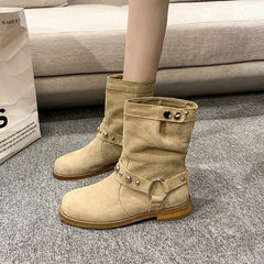 Lunivop New Women Suede Leather Ankle Boots Square Low Heels Pointed Toe Western Cowboy Boots Woman Autumn Winter Buckle Short Booties