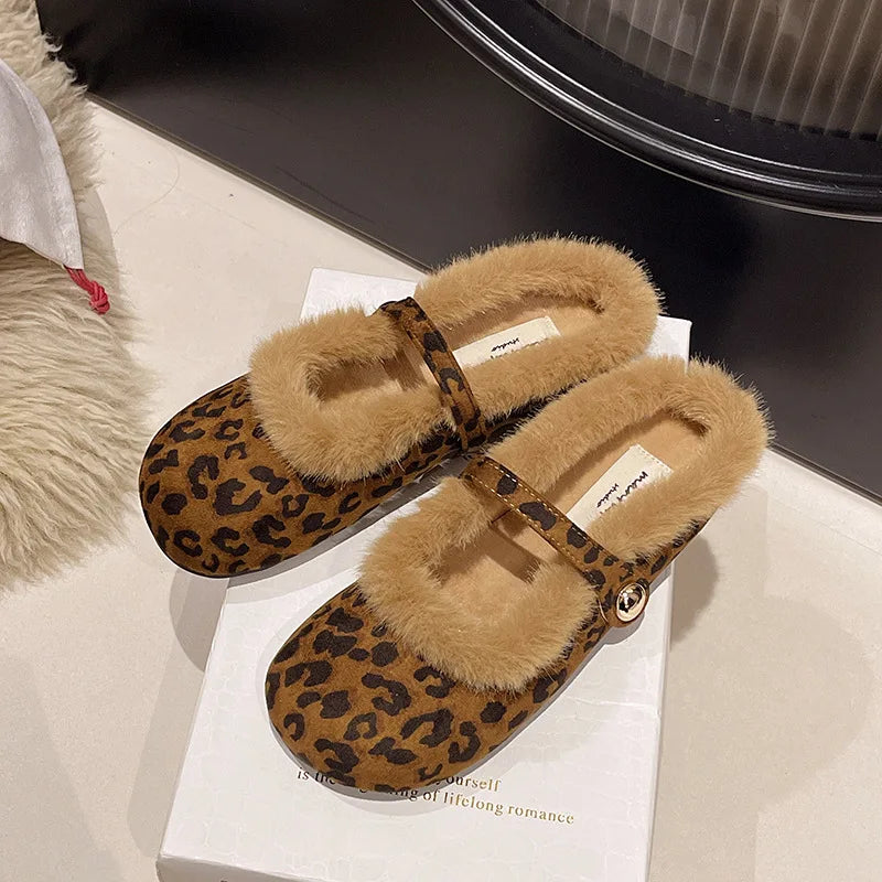 Lunivop Winter Fur Leopard Suede Mary Jane Shoes for Women Flats Snow Boots Cotton Shoes Ballet Dance Shoes Plush Warm Botas