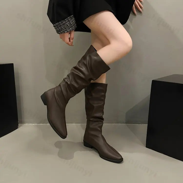 Lunivop Vintage Thick Heel Women Pleated Knee High Boots New Fashion Slip on Shoes Autumn Winter Ladies Pointed Toe Long Booties