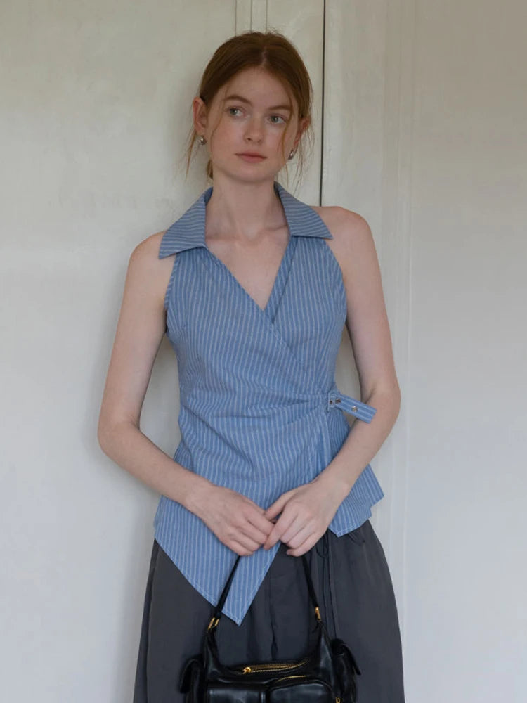 Lunivop Sexy V Neck Slim Striped Tanks Women Vintage Sleeveless Irregular Tees American Retro Casual Summer Female Elegant New Tops