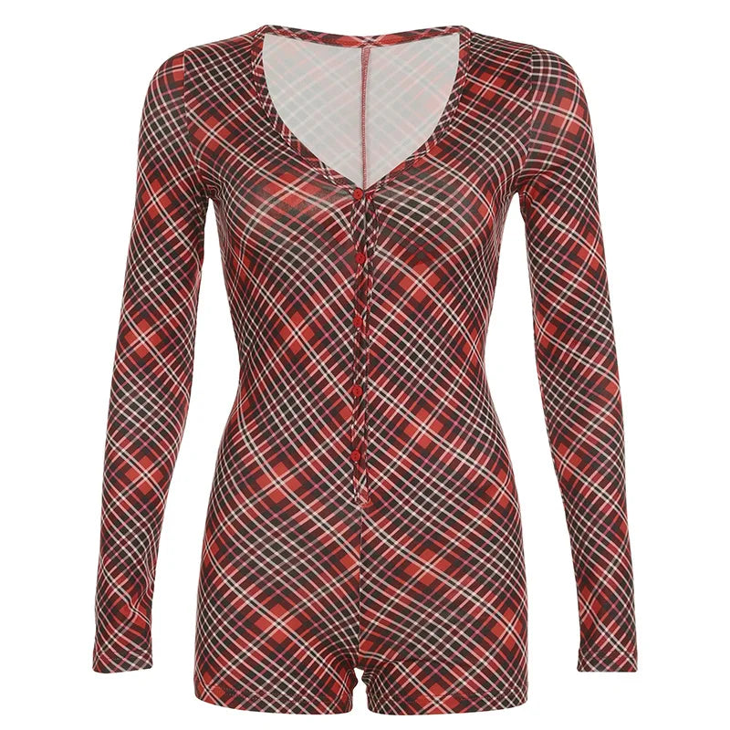 Lunivop Autumn Winter Plaid Print Christmas Party Rompers Women V Neck Single Breasted Full Sleeve Slim Spicy Girls Skinny Playsuit