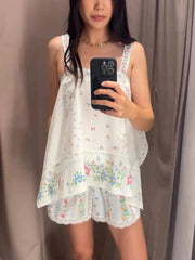 Lunivop  Two Piece Set Spaghetti Strap Asymmetric Top Lace Trim Shorts Loose Fit Summer Chic Resort Lady Casual Suit