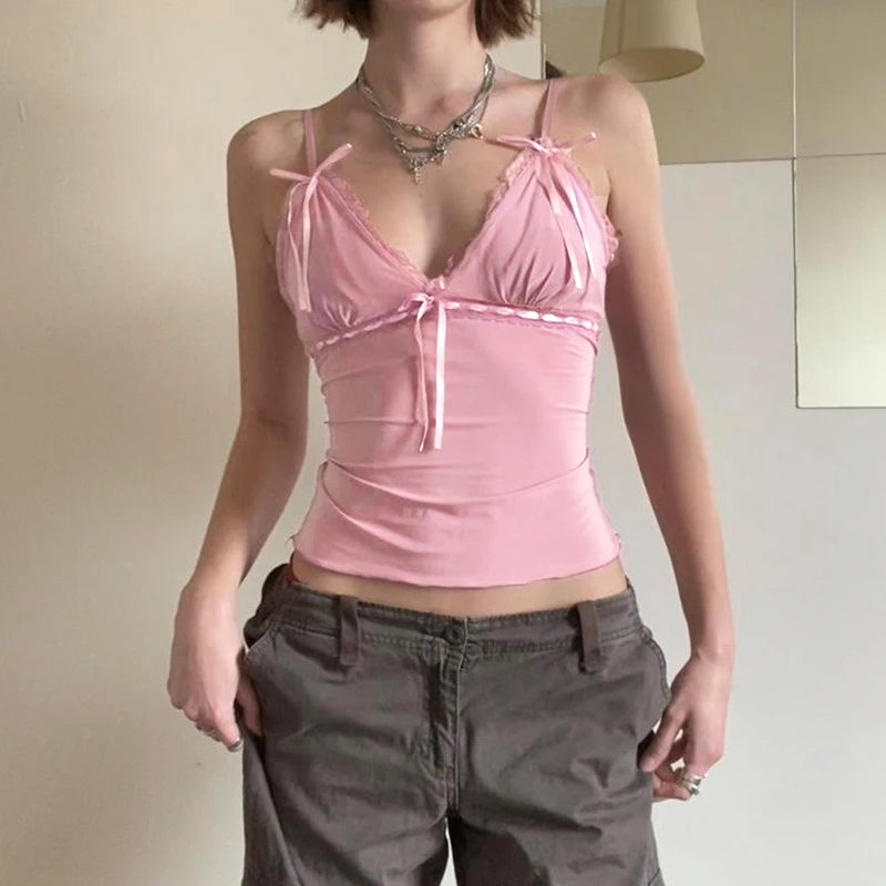 Lunivop  Vintage Pink Crop Top Chic Bandage Bow Patchwork Camisole Women Casual Solid Harajuku Tank Tops y2k Harajuku Summer Tees