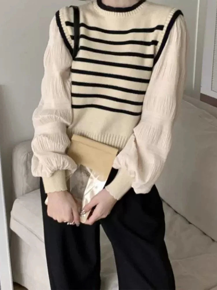 Lunivop Fake Two Piece Sweater Women Contrast Striped Puffed Sleeve Knitted Pullover Jumper Blouse Korean Fashion Top Fall Winter Outfit