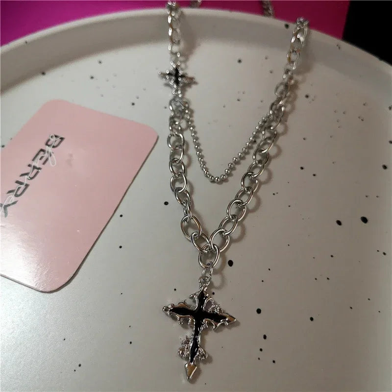 Lunivop Kpop Goth Punk Black Cat Big Star Pendant Chain Pink Cross Heart Beaded Necklace For Girl Men Y2K 2000s EMO Jewelry Accessories