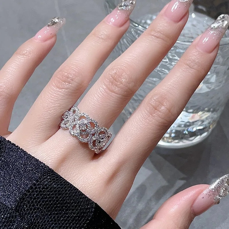 Lunivop Fashion Sakura Flower Ring Shiny Rhinestone Pink Crystal Ring Women Elegant Romantic Valentine's Day Wedding Party Jewelry Gifts