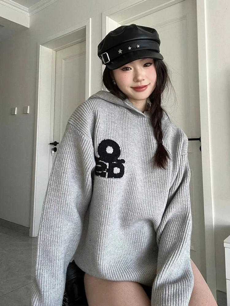 Lunivop Vintage Gray Hooded Sweaters Women Lazy Wind Long Sleeve Loose Letter Knitted Jumper Casual American Retro Fall Pullovers