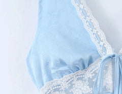 Lunivop  Fashion Light Blue Satin Spliced Lace V neck Tank Dress Women Hollow Out Slim Waist A-lined Sleeveless Short Dresses Femme Robe