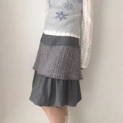 Lunivop  Gray Vintage Patchwork Knitted Skirts Y2k Grunge High Waist A-line Skirt for Women Spring Autumn New Ruched Faldas Mujer
