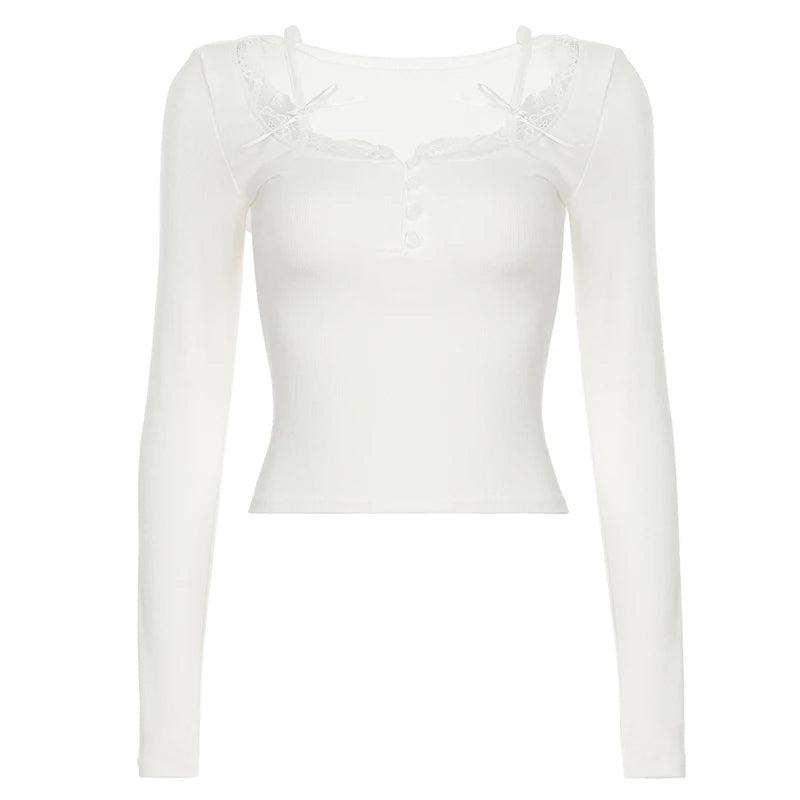 Lunivop  Solid Bow Stitching Square Collar T-shirt Korean Fashion Women's Cropped Top Casual Full Sleeve Skinny Tee y2k Aesthetic