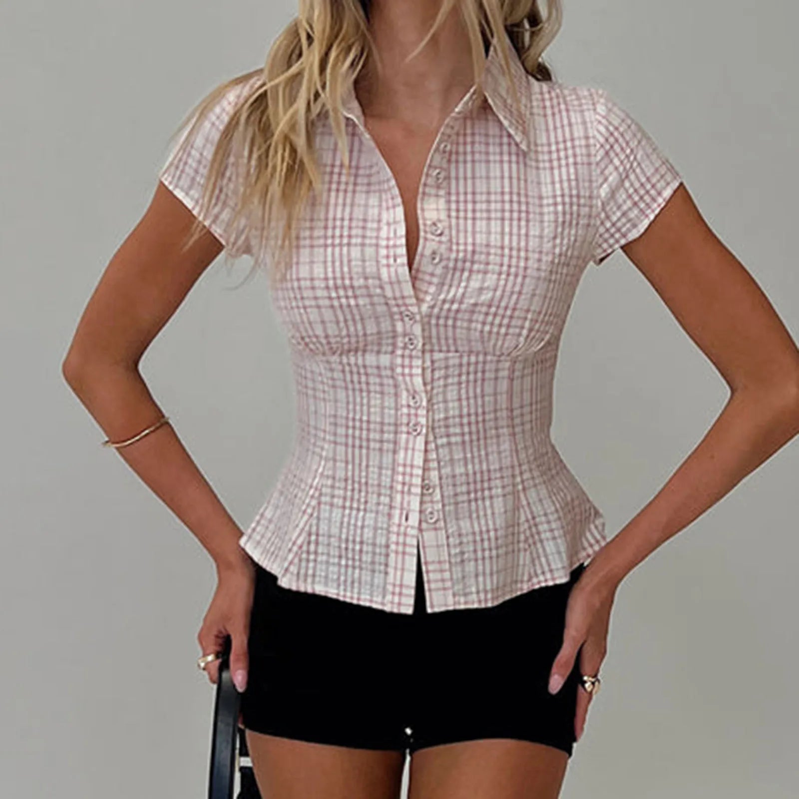 Lunivop  Women's Y2K Short Sleeve Plaid Button Down Shirt Button Down Blouses Tops Casual Summer Shirt Tops 90s Streetwear