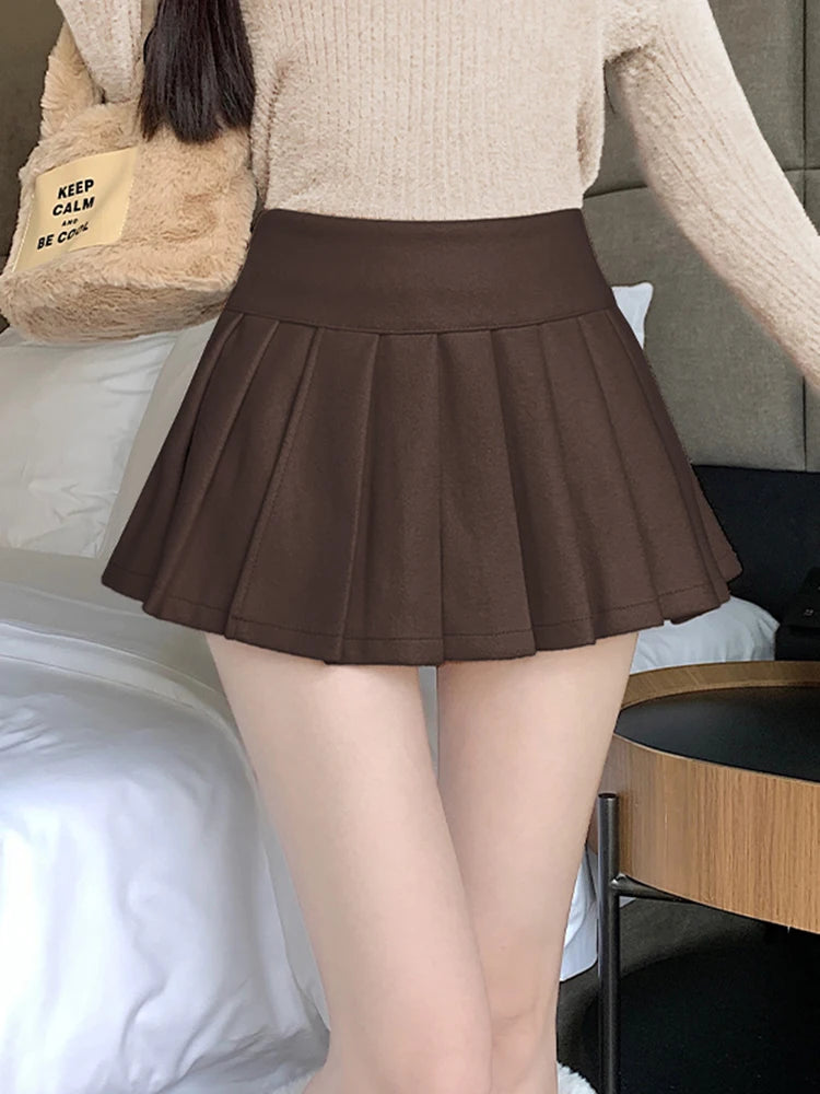 Lunivop Retro Faux Woolen Pleated Skirt Women Sweet Slim Sexy Mini A Line Skirts Preppy Style High Waist Fall Winter Korean Skirt
