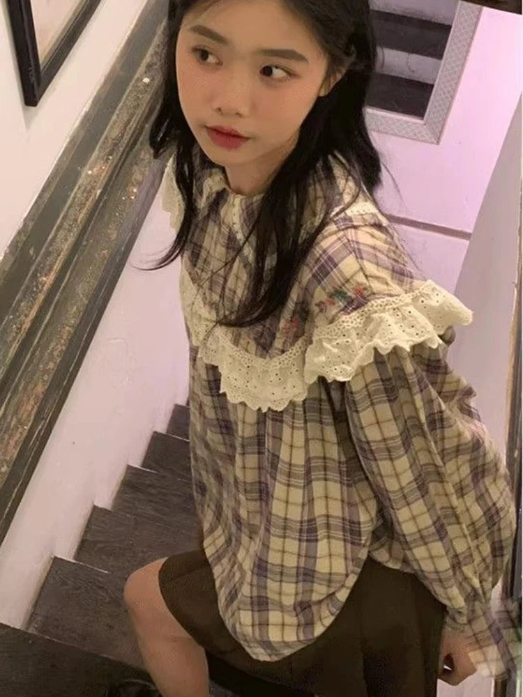Lunivop Japan Cute Plaid Shirts Women Vintage Peter Pan Collar Kawaii Blouse Preppy Style Loose Long Sleeve Lady Lace Patchwork Top