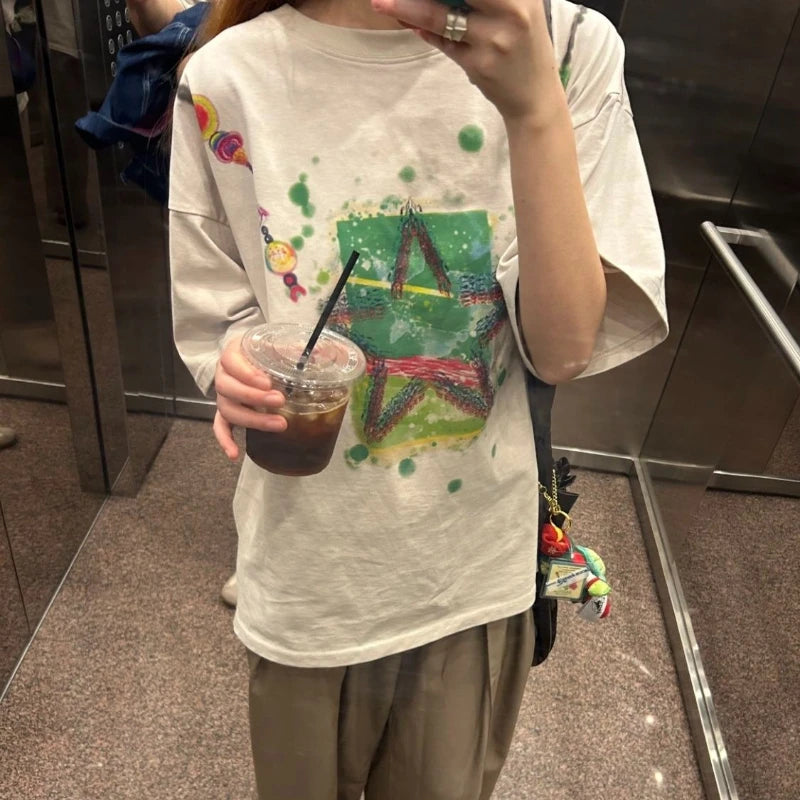 Lunivop  T Shirts Women Cartoon Graffiti Printed Loose O Neck Summer 2025 Casual Short Sleeve Y2k Tops Female Fashion Tshirt