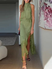 Lunivop  Lace Patchwork Tank Top Skirt Set Women Sleeveless Thin Vest Split Midi Skirts Suit Summer Holiday Street Solid Outfits