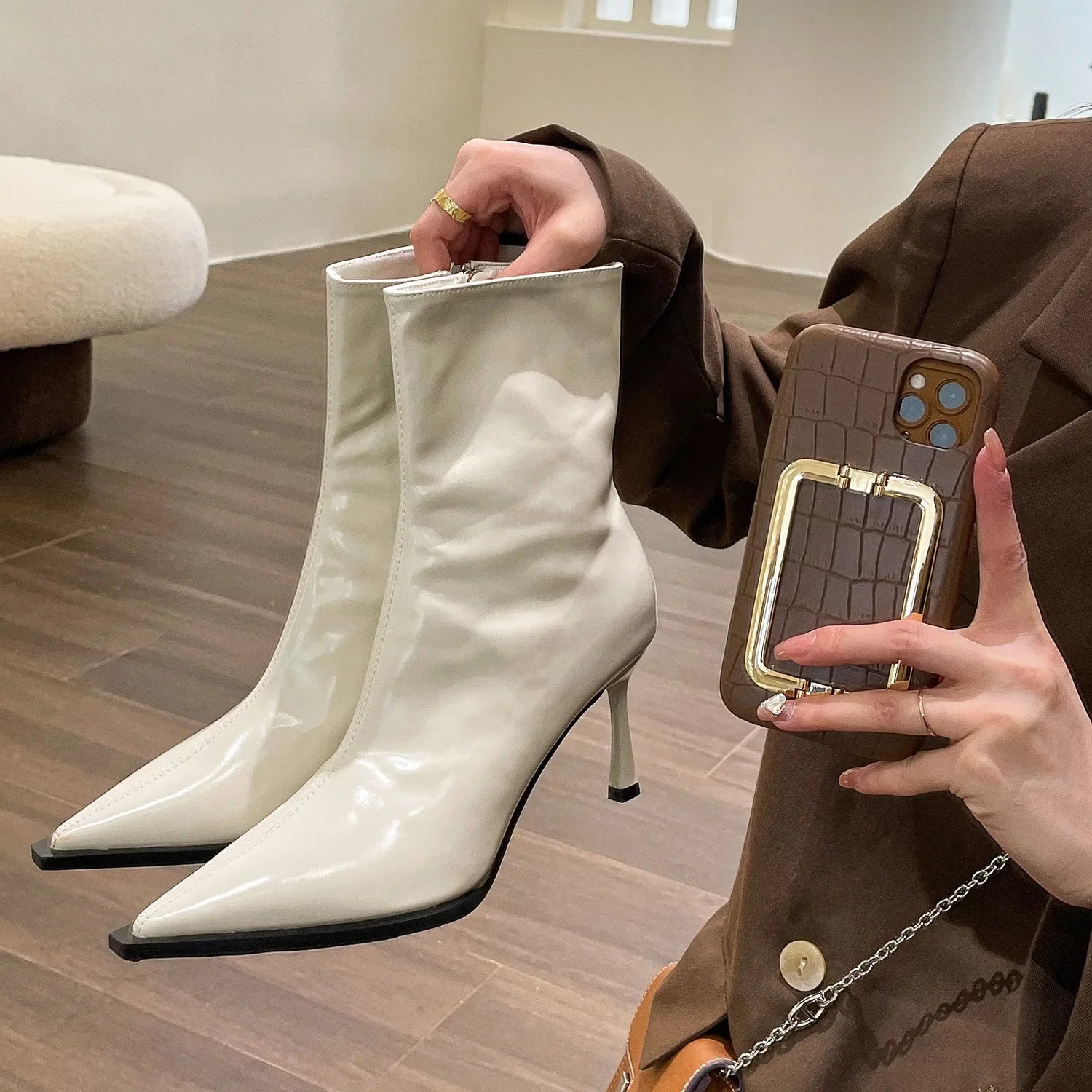 Lunivop Women Thin High Heels Short Boots New Fashion Pointed Ankle Boots Ladies Autumn Winter Leather Side Zipper Sexy Party Pumps