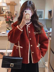 Lunivop Red Faux Lamb Sweet Coat Women Korean Long Sleeve Winter Warm Jacket Vintage Casual O Neck Elegant Pearls Buttons Cute Tops